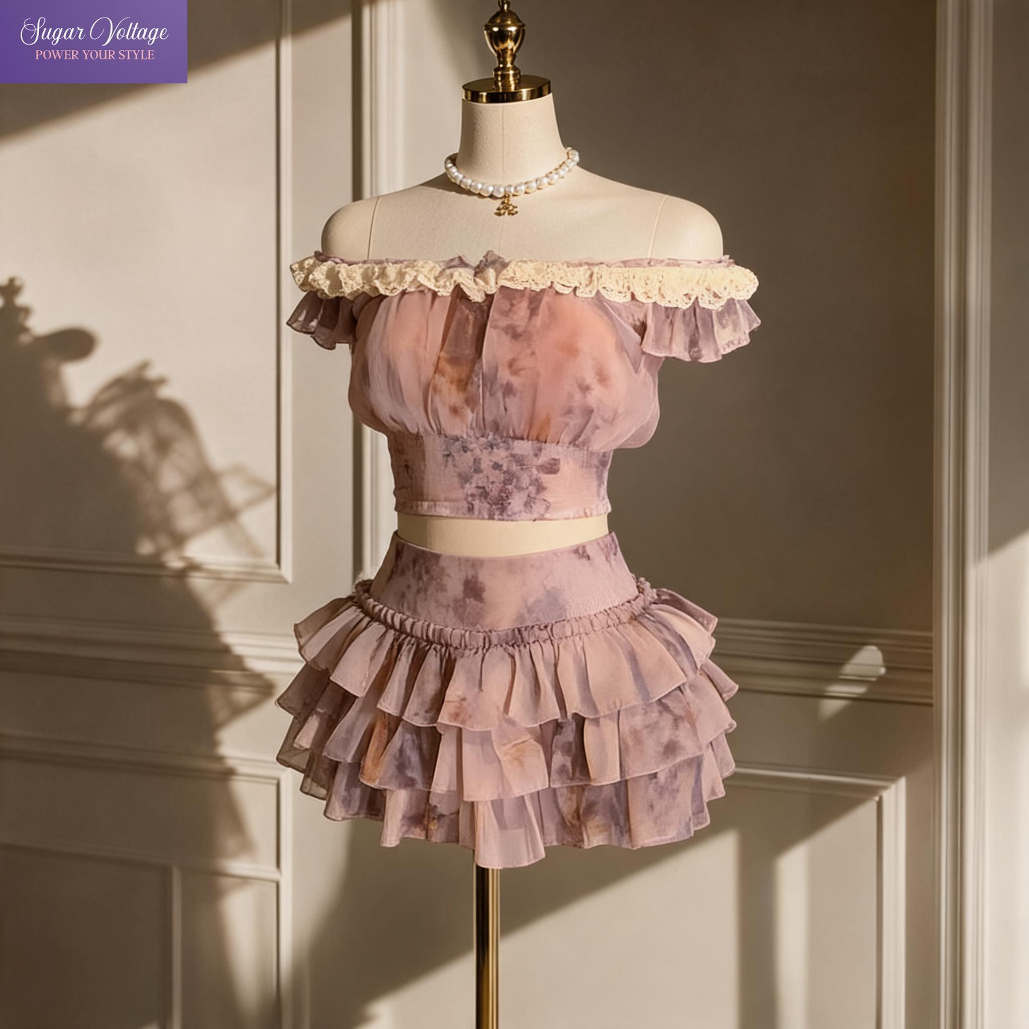 Elastic Lace Trim - Franse zoete coquette off-shoulder set met